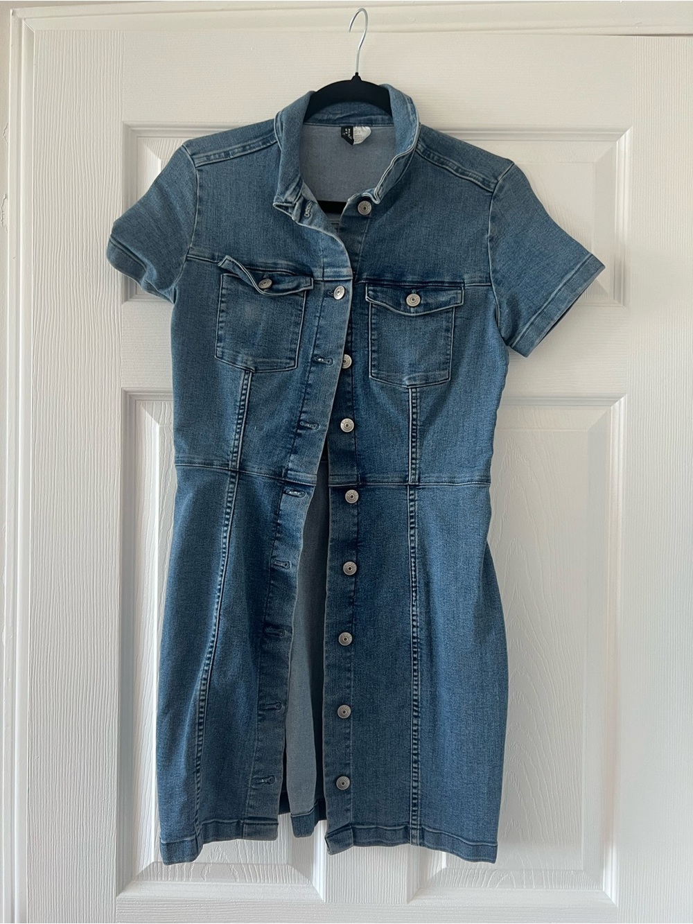 H&M Blue Denim Short-Sleeve Button-Front Mini Dress